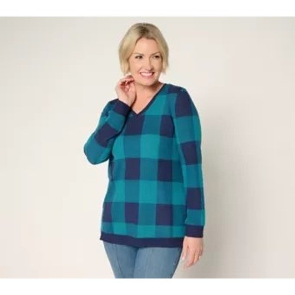 d&co denim company buffalo plaid v neck blue long sleeve tunic top women size xl